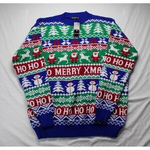 Merry Christmas Ugly Sweater Snow flakes and Santa Blue Red ho ho ho Size 4XL